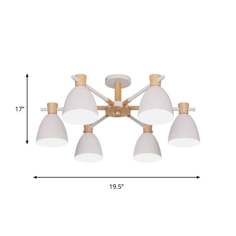 Nordique en forme de cloche Hanging Fer 6 Bulbes Chandelier de salon en blanc avec accent en bois
