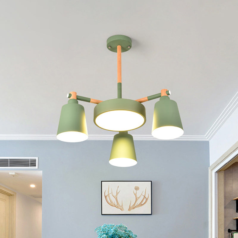 3/5/8-Light Living Room Chandelier Lamp Macaron Grey/Blue/White and Wood Suspension Pendant with Bucket Metal Shade