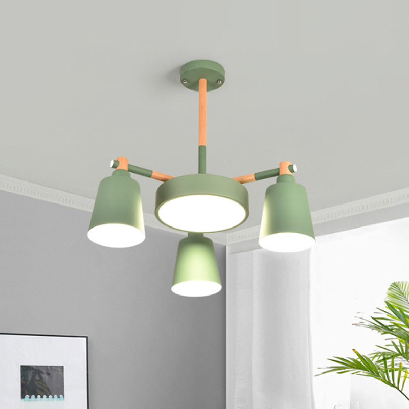 3/5/8-Light Living Room Chandelier Lamp Macaron Grey/Blue/White and Wood Suspension Pendant with Bucket Metal Shade