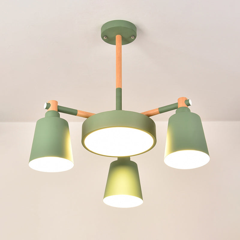 3/5/8-Light Living Room Chandelier Lamp Macaron Grey/Blue/White and Wood Suspension Pendant with Bucket Metal Shade