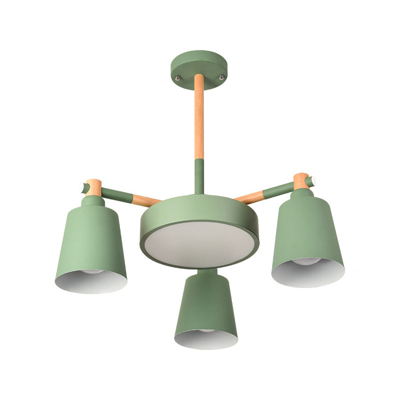 3/5/8-Light Living Room Chandelier Lamp Macaron Grey/Blue/White and Wood Suspension Pendant with Bucket Metal Shade