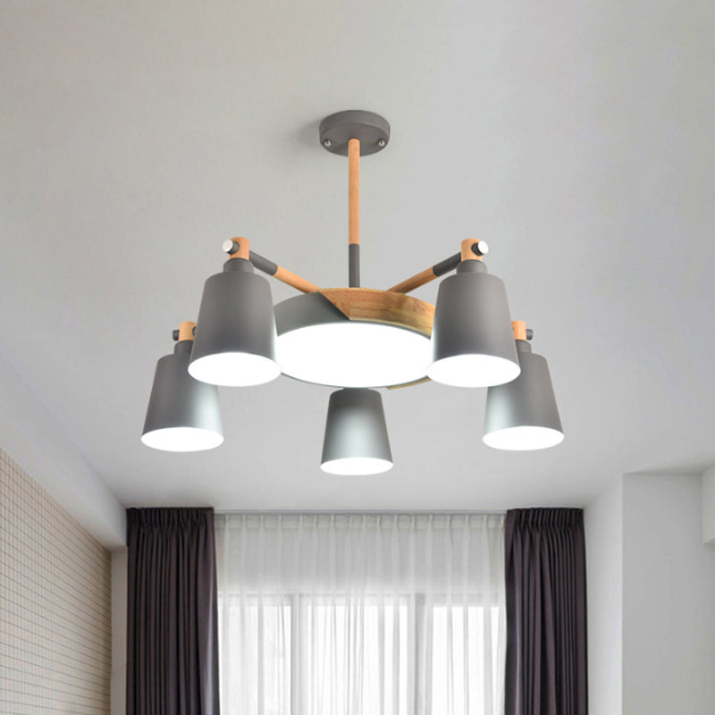 3/5/8-Light Living Room Chandelier Lamp Macaron Grey/Blue/White and Wood Suspension Pendant with Bucket Metal Shade