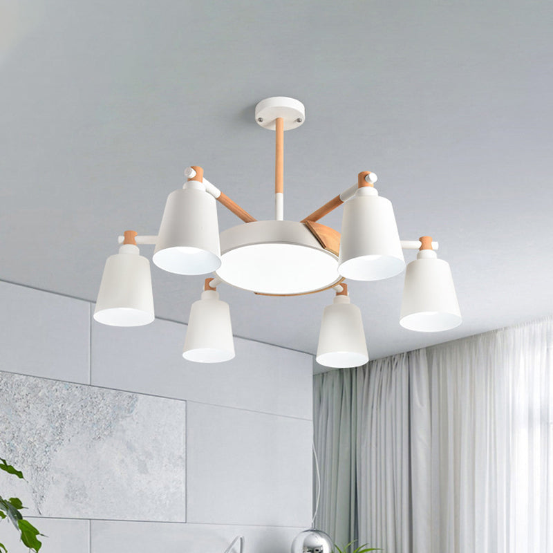 3/5/8-Light Living Room Chandelier Lamp Macaron Grey/Blue/White and Wood Suspension Pendant with Bucket Metal Shade