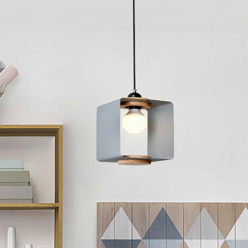 1-Light Bedroom Pendulum Light Macaron Yellow/Blue/White and Wood Hanging Pendant with Square Iron Frame