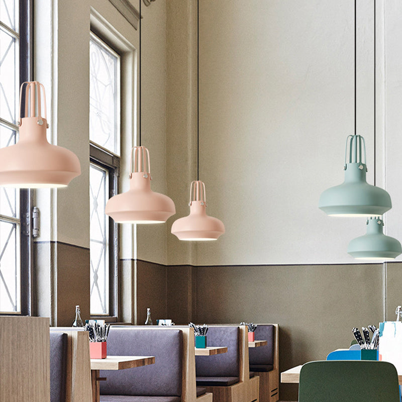 Macaron Pot Pendant Ceiling Lamp Aluminum 1 Head Restaurant Down Lighting with Gripper in Pink/Blue/Grey
