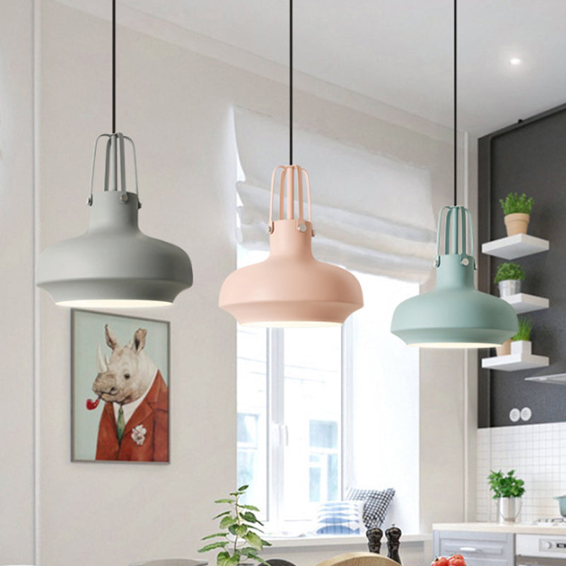 Macaron Pot Pendant Ceiling Lamp Aluminum 1 Head Restaurant Down Lighting with Gripper in Pink/Blue/Grey