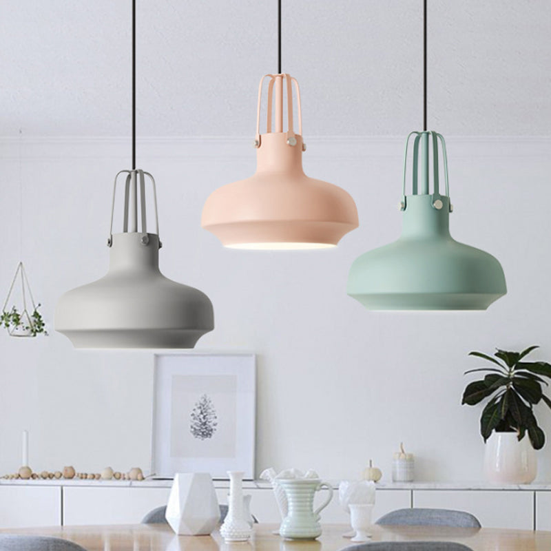 Macaron Pot Pendant Ceiling Lamp Aluminum 1 Head Restaurant Down Lighting with Gripper in Pink/Blue/Grey