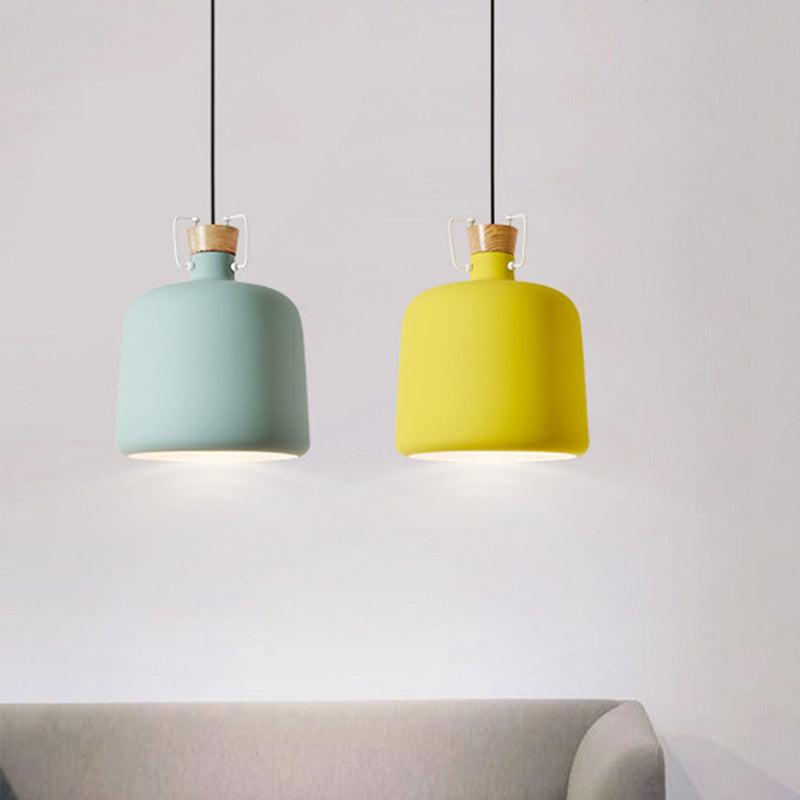 Polie de vin en forme d'éclairage Macaron Aluminium 1-Light Open Kitchen Pendant Lampe en bleu / or / brun avec bouchon de bois