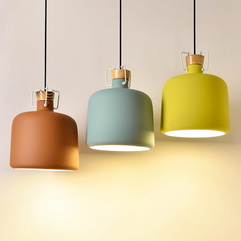 Polie de vin en forme d'éclairage Macaron Aluminium 1-Light Open Kitchen Pendant Lampe en bleu / or / brun avec bouchon de bois