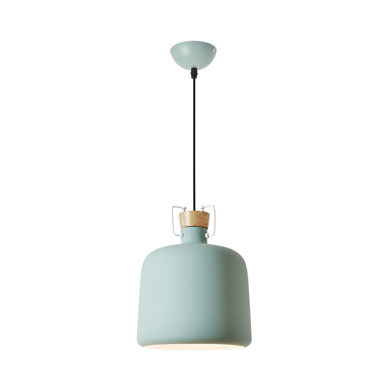 Polie de vin en forme d'éclairage Macaron Aluminium 1-Light Open Kitchen Pendant Lampe en bleu / or / brun avec bouchon de bois