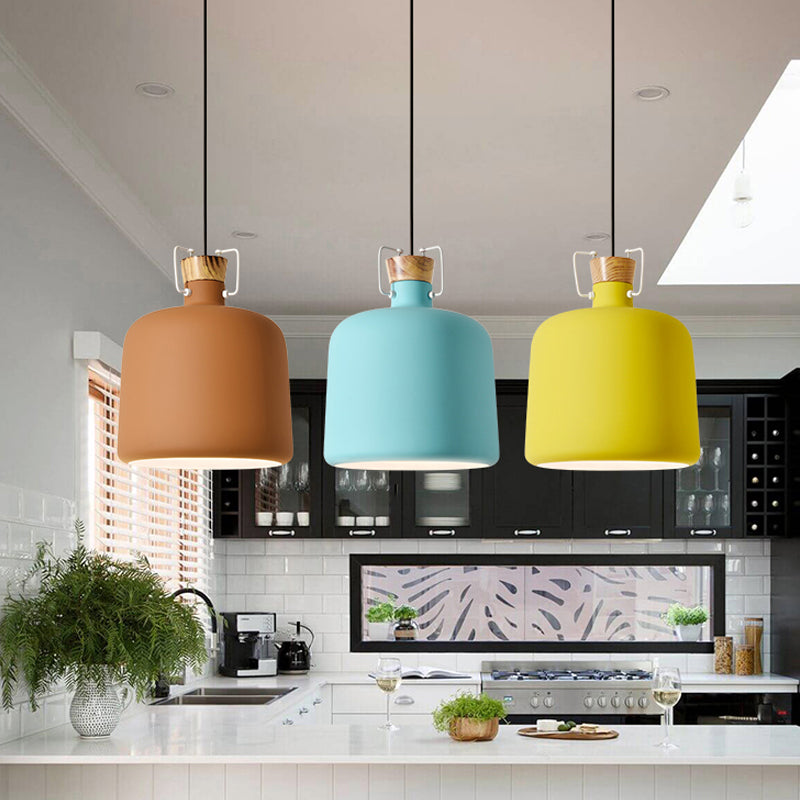 Polie de vin en forme d'éclairage Macaron Aluminium 1-Light Open Kitchen Pendant Lampe en bleu / or / brun avec bouchon de bois