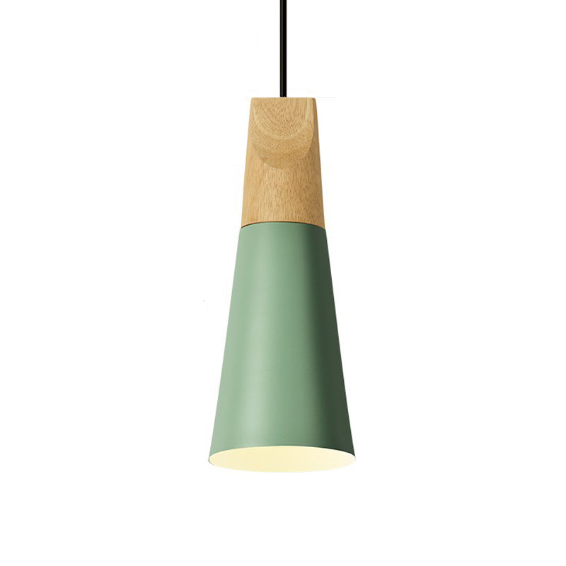 Aluminium Mini Cone Suspension Lampe Macaron Single-bulb Pendre suspendu en noir / rose / vert et bois