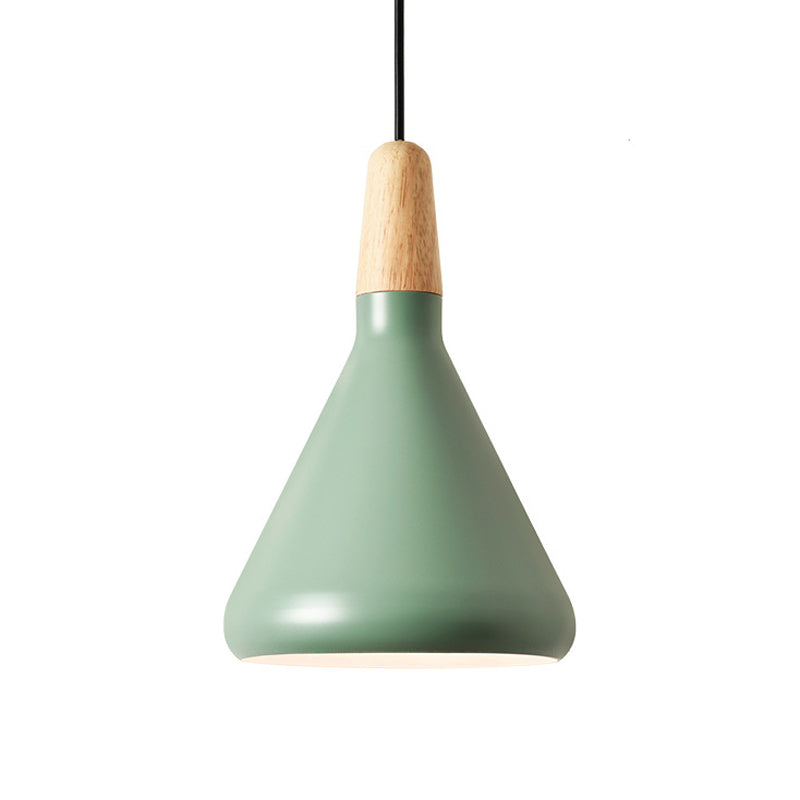 Plafonnier suspendu à suspension macaron aluminium 1 bulbe rose / or / gris et pendant en bois