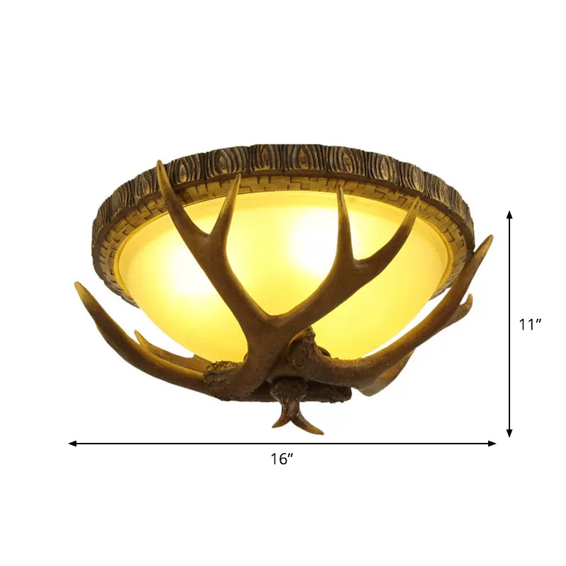 Brown Antler Ceiling Flush Light Lodge Resin 3 Bulbs Kitchen Flush Mounted Lamp with Dome Frosted Glass Shade