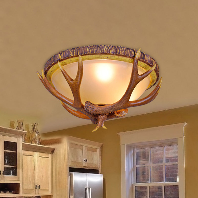 3 Lights Dome Flush Mount Farmhouse Brown Frosted Glass Ceiling Light Fixture with Antler Deco