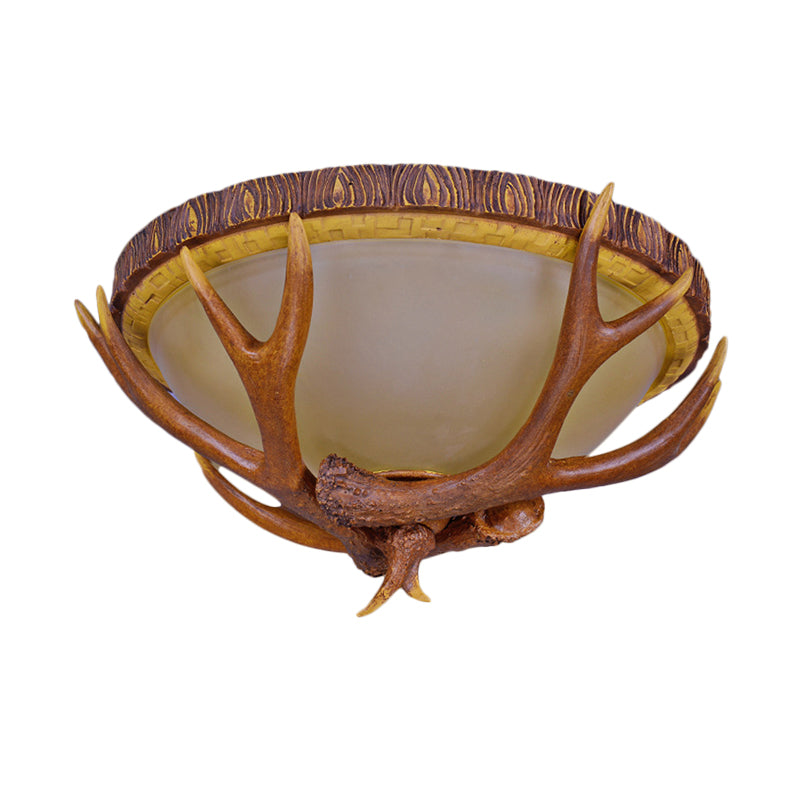 3 Lights Dome Flush Mount Farmhouse Brown Frosted Glass Ceiling Light Fixture with Antler Deco