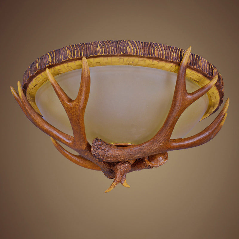 3 Lights Dome Flush Mount Farmhouse Brown Frosted Glass Ceiling Light Fixture with Antler Deco