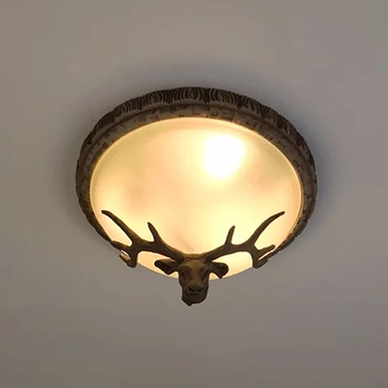 Domed Tan Glass Flush Light Rustic 3 - Bulb Dining Room Deer Head Decorated Massimale Fixture in Brown