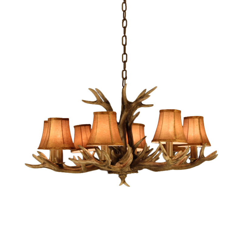 8-Head Faux Antler Pendant Lamp Rural Brown Fabric Flared Shade Chandelier Lighting for Dining Room