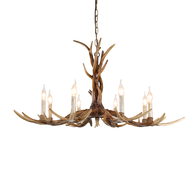 Brown 8 têtes de fourchette de bois suspendu Lodge Resin Bare Bulb Design Plafond Chandelier