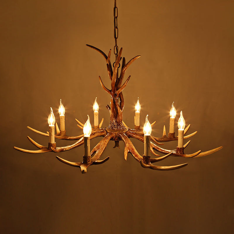 Brown 8 têtes de fourchette de bois suspendu Lodge Resin Bare Bulb Design Plafond Chandelier