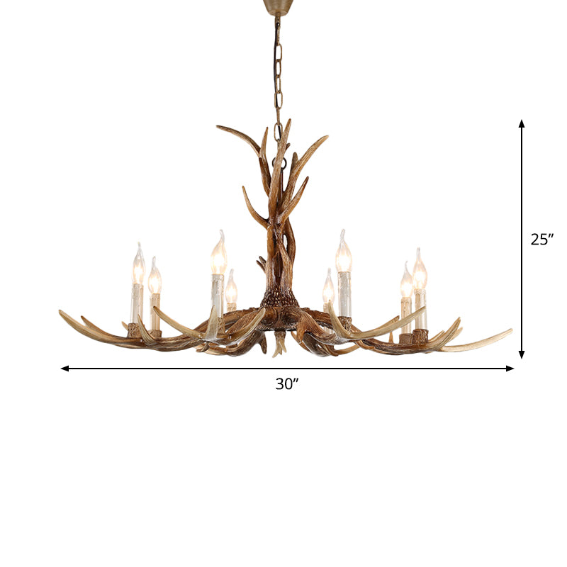 Brown 8 têtes de fourchette de bois suspendu Lodge Resin Bare Bulb Design Plafond Chandelier