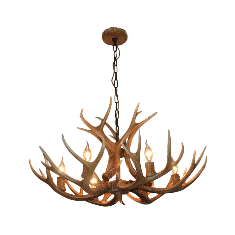 6-Bulb Geweih Candelabra Kronleuchter Bauernhaus Braunes Harz Deckenhängung Lampe für Esszimmer