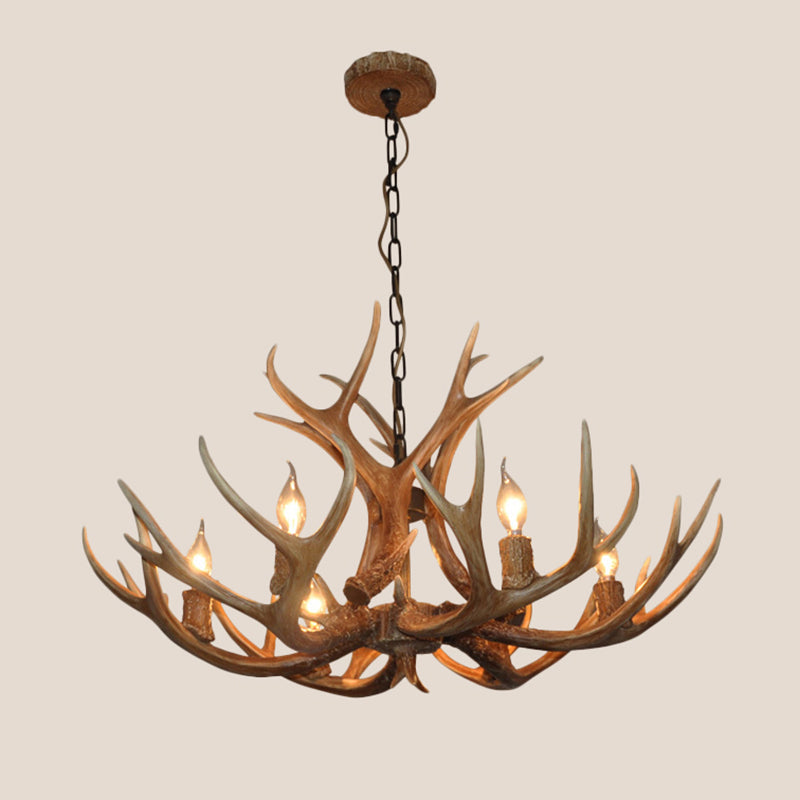 6-Bulb Geweih Candelabra Kronleuchter Bauernhaus Braunes Harz Deckenhängung Lampe für Esszimmer