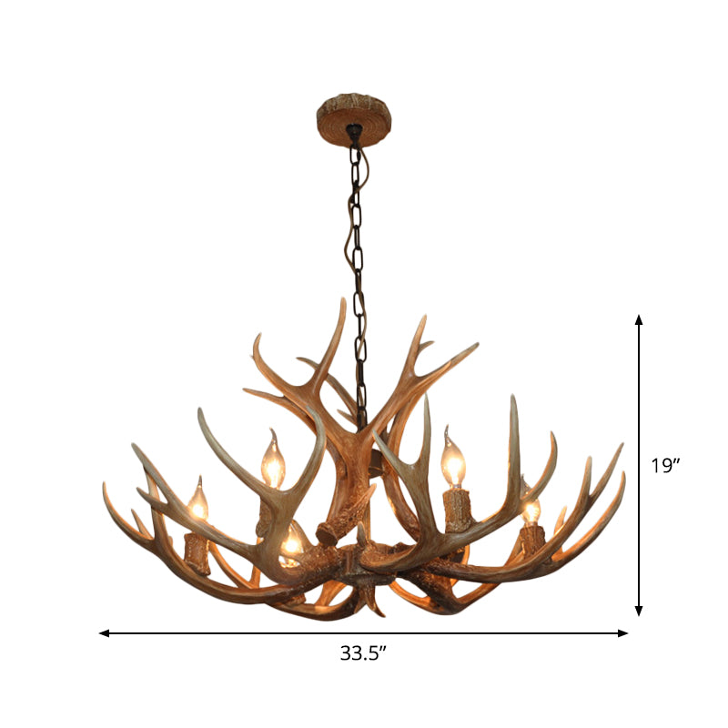 6-Bulb Antler Candelabra Chandelier Farmhouse Brown Resin Plafond Suspension Lampe pour salle à manger