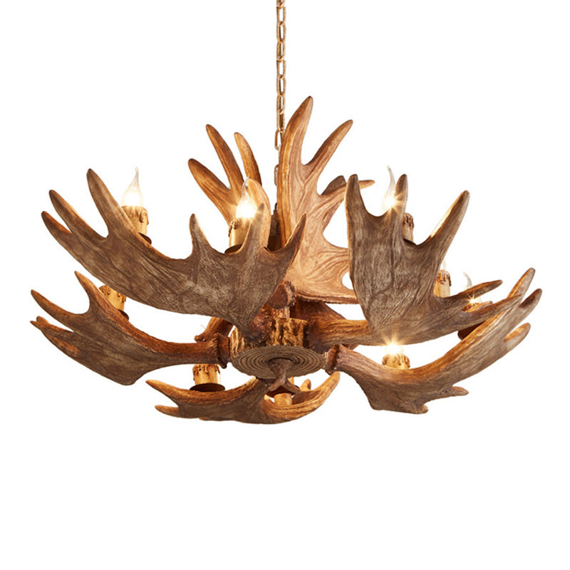 10 lumières Kit de lampe suspendue Lodge Faux Moose Horn Resin Résine de lustre en marron