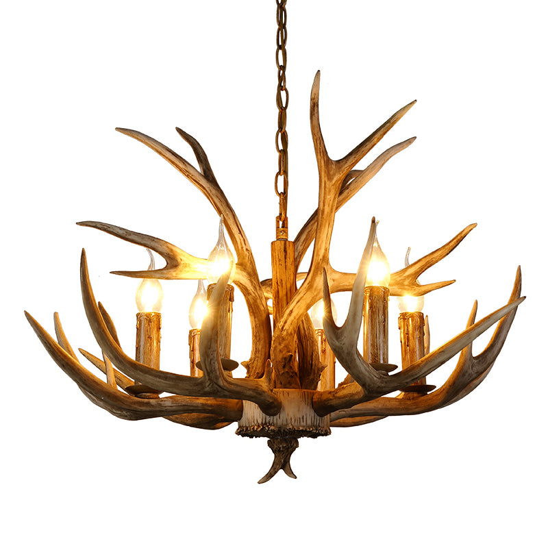 6 lumières Lautres Plafond Horn Pendant Rural Rural Brown Resin Chandelier Lampe pour le salon