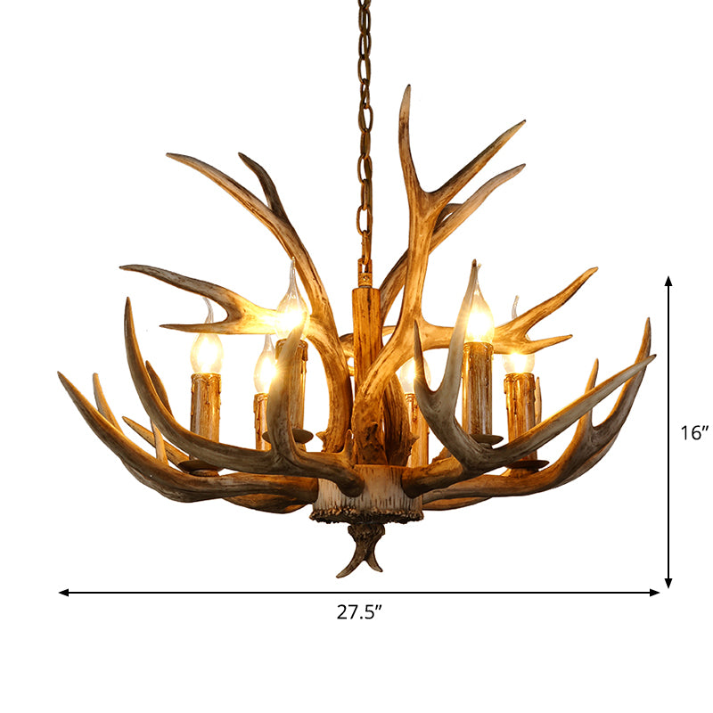 6 lumières Lautres Plafond Horn Pendant Rural Rural Brown Resin Chandelier Lampe pour le salon