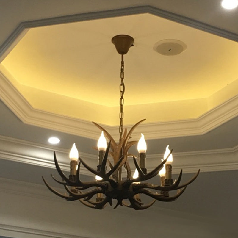 6/8/12 Bulbs Chandelier Lodge 1/2-Layered Antler Resin Ceiling Suspension Lamp in Brown