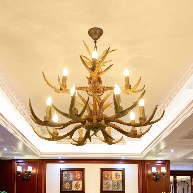 6/8/12 Bulbs Chandelier Lodge 1/2-Layered Antler Resin Ceiling Suspension Lamp in Brown