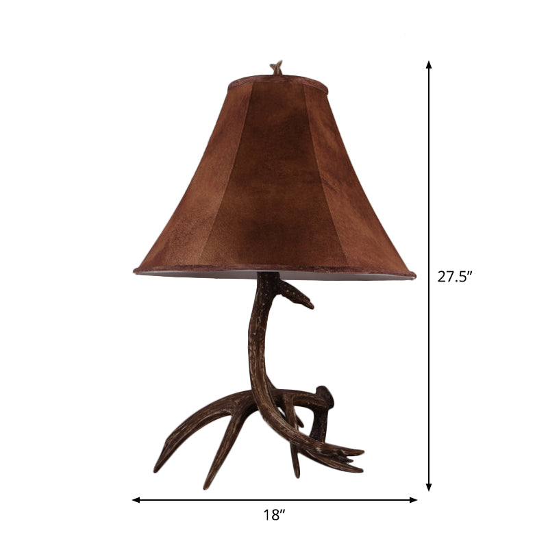 Lampada da notte svasata ampia marrone in tessuto da fattoria, lampada da tavolo per camera da letto con 1 testa e base in corna