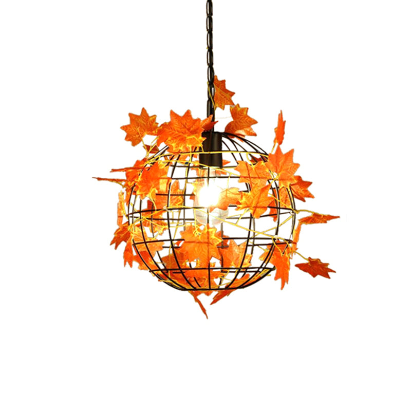 Black Single-Bulb Hanging Light Loft Iron Spherical Ceiling Pendant with Orange/Green/Light Green Art Vine