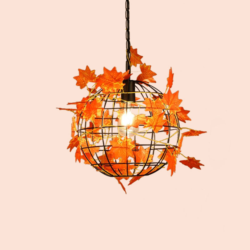 Black Single-Bulb Hanging Light Loft Iron Spherical Ceiling Pendant with Orange/Green/Light Green Art Vine