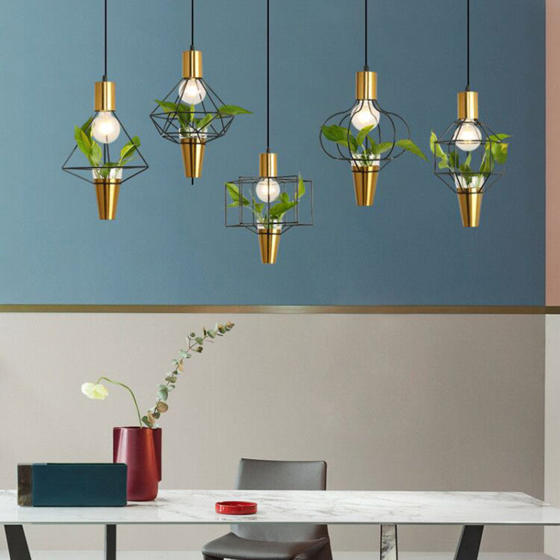 Iron Gold Finish Drop Pendant Triangle/Diamond/Oval 1-Light Industrial Suspension Lighting with Plant Container