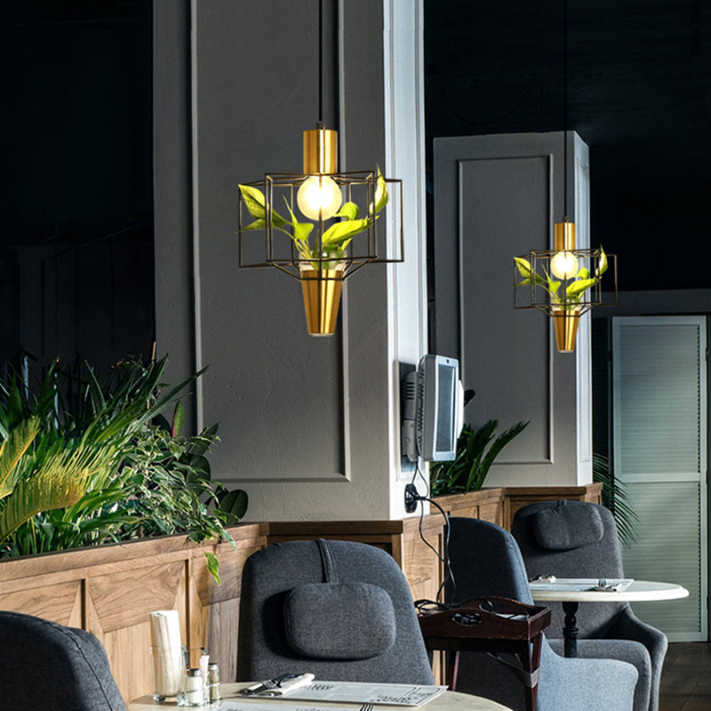 Iron Gold Finish Drop Pendant Triangle/Diamond/Oval 1-Light Industrial Suspension Lighting with Plant Container