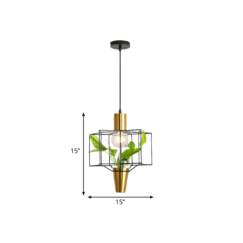 Iron Gold Finish Drop Pendant Triangle/Diamond/Oval 1-Light Industrial Suspension Lighting with Plant Container