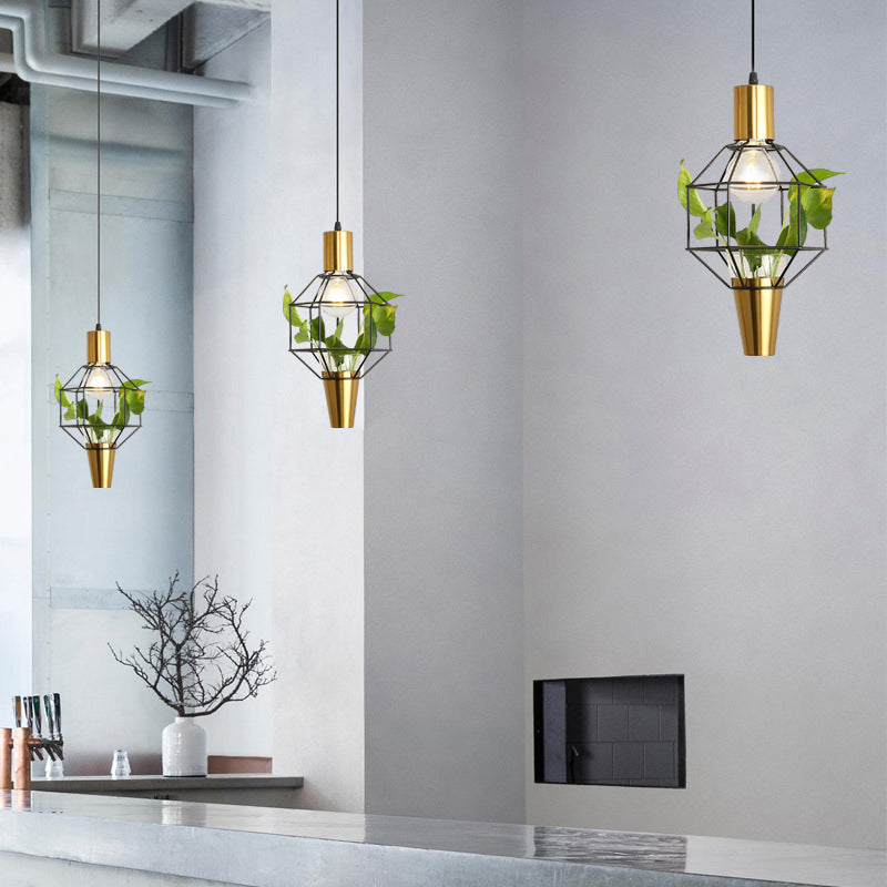 Iron Gold Finish Drop Pendant Triangle/Diamond/Oval 1-Light Industrial Suspension Lighting with Plant Container