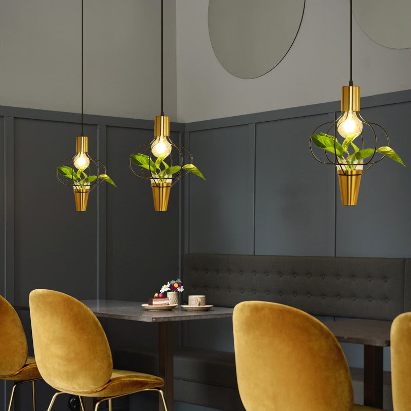 Iron Gold Finish Drop Pendant Triangle/Diamond/Oval 1-Light Industrial Suspension Lighting with Plant Container