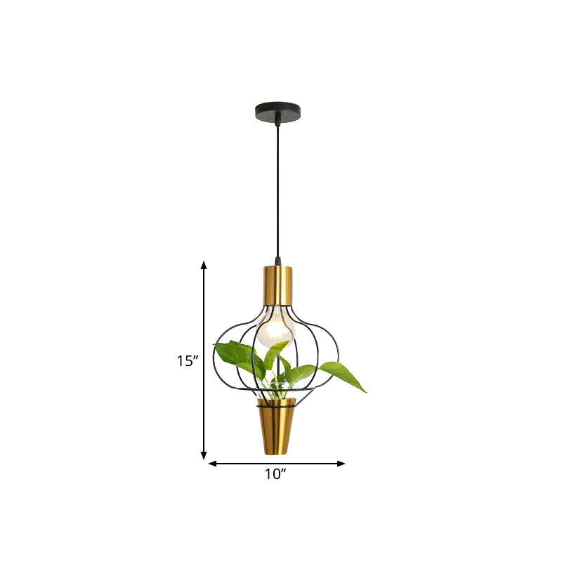 Iron Gold Finish Drop Pendant Triangle/Diamond/Oval 1-Light Industrial Suspension Lighting with Plant Container