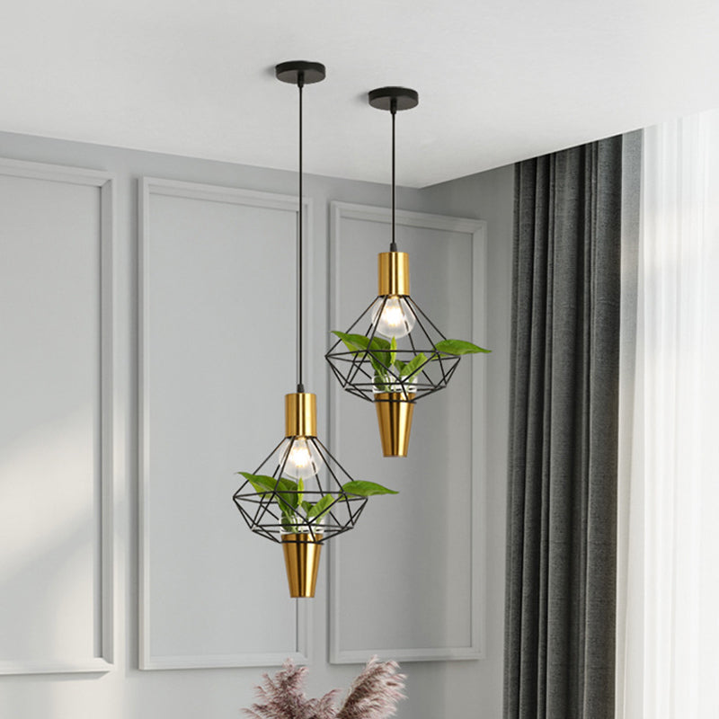 Iron Gold Finish Drop Pendant Triangle/Diamond/Oval 1-Light Industrial Suspension Lighting with Plant Container