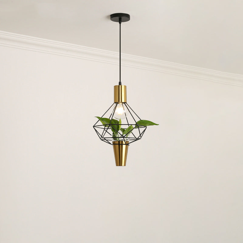 Iron Gold Finish Drop Pendant Triangle/Diamond/Oval 1-Light Industrial Suspension Lighting with Plant Container