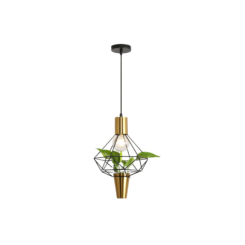 Iron Gold Finish Drop Pendant Triangle/Diamond/Oval 1-Light Industrial Suspension Lighting with Plant Container