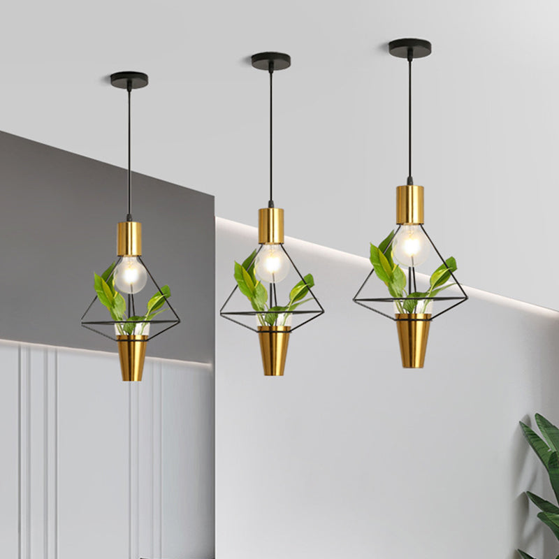 Iron Gold Finish Drop Pendant Triangle/Diamond/Oval 1-Light Industrial Suspension Lighting with Plant Container