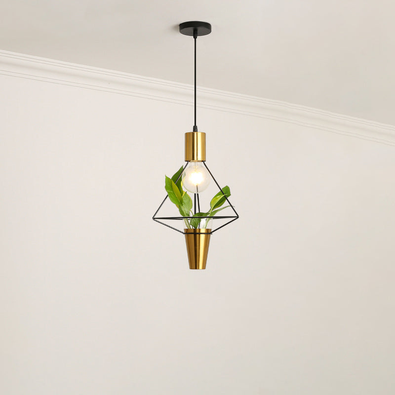 Iron Gold Finish Drop Pendant Triangle/Diamond/Oval 1-Light Industrial Suspension Lighting with Plant Container