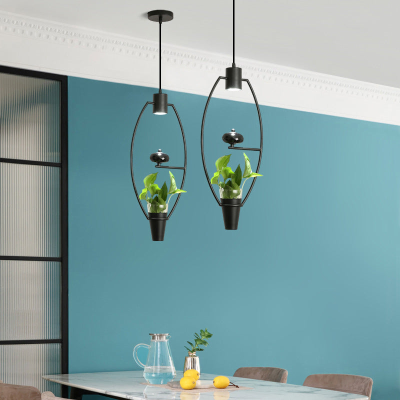 Metal LED Pendulum Light Loft Black/Gold Circle/Oval/Rectangle Dining Room Pendant Lamp with Plant Container