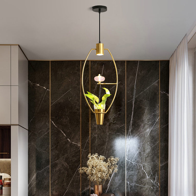 Metal LED Pendulum Light Loft Black/Gold Circle/Oval/Rectangle Dining Room Pendant Lamp with Plant Container